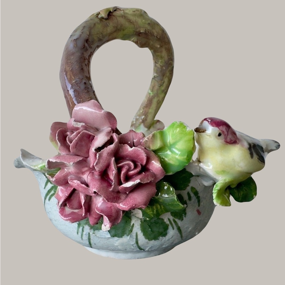 VTG Mid-century Italian Capodimonte Style Porcelain Basket Floral Cottagecore